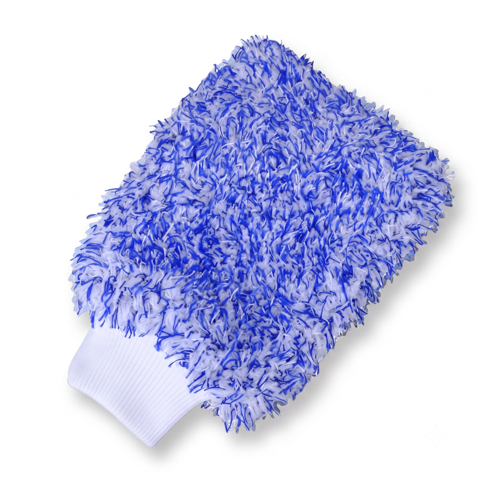 Blue and white microfibre wash mitt with white elasticated cuff.
