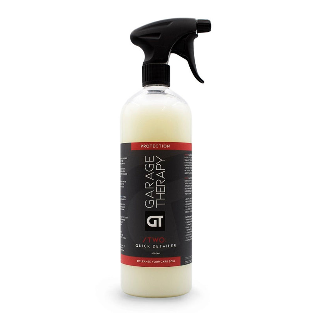 Garage Therapy /Two: Quick Detailer 1 Litre bottle with a grey, red and white label. The bottle also has a black spray trigger attached.