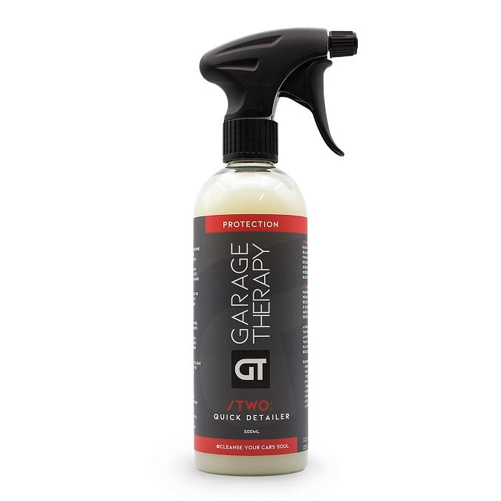 Garage Therapy /Two: Quick Detailer 500ml bottle with a grey, red and white label. The bottle also has a black spray trigger attached.