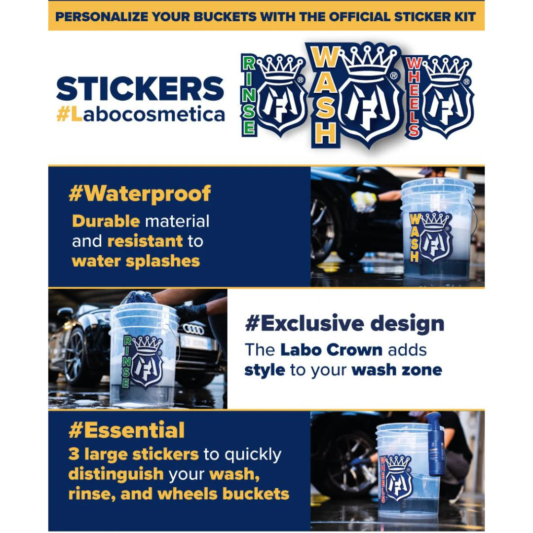 Labocosmetica Wash, Rinse and Wheels Detailing Bucket Stickers