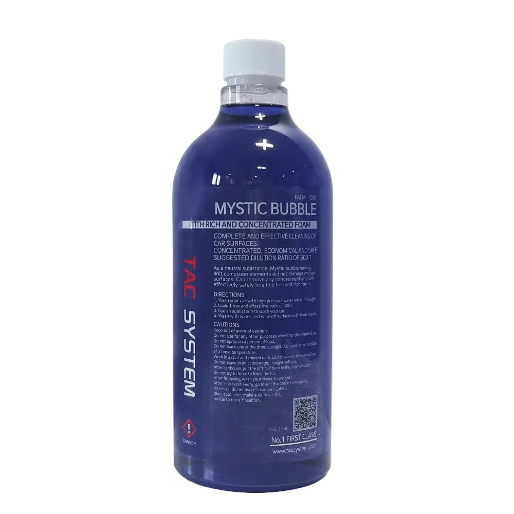 Blue bottle labeled 'Mystic Bubble' with white cap on a white background