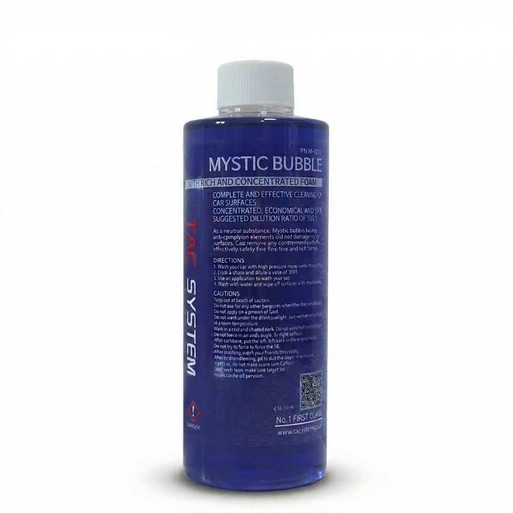 Blue bottle of 'Mystic Bubble' with white cap on a white background