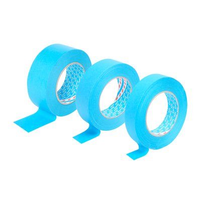 Rolls of 3M 3434 Blue Automotive Masking Tape displayed in various widths, including 24mm and 50mm