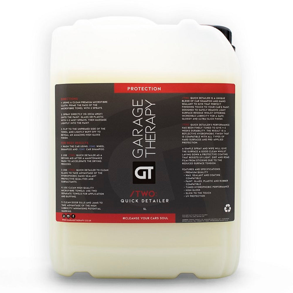 Garage Therapy /Two: Quick Detailer 5 Litre bottle with a grey, red and white label. The bottle also has a large black cap to seal the bottle.