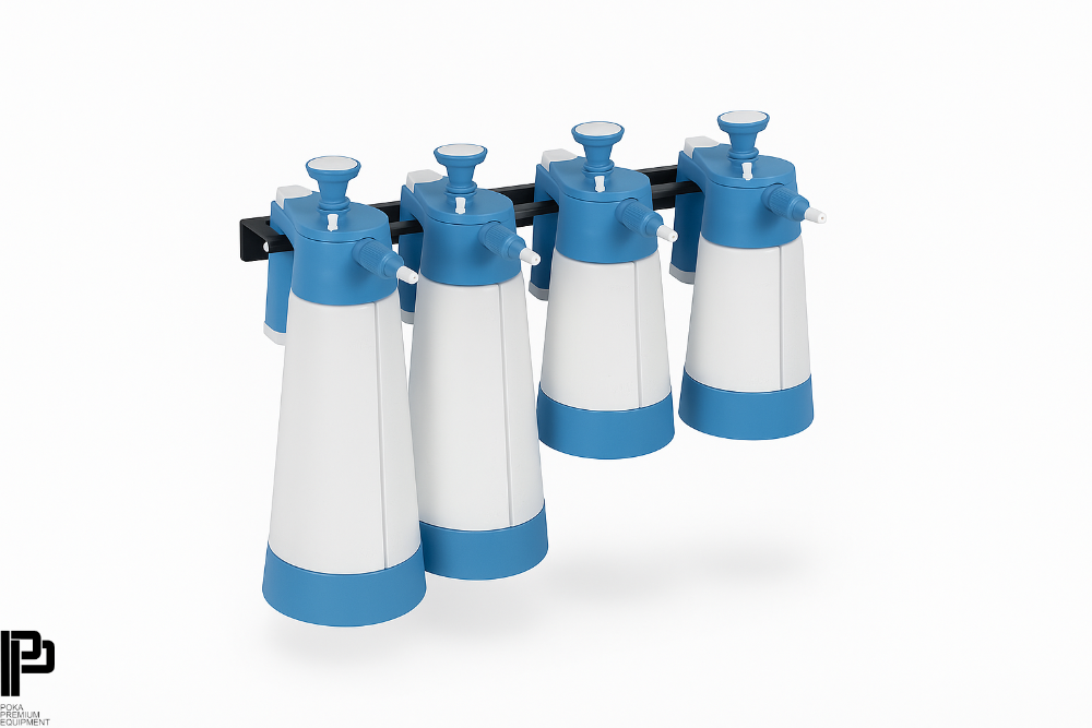 Set of white and blue bottles with a black holder on a white background