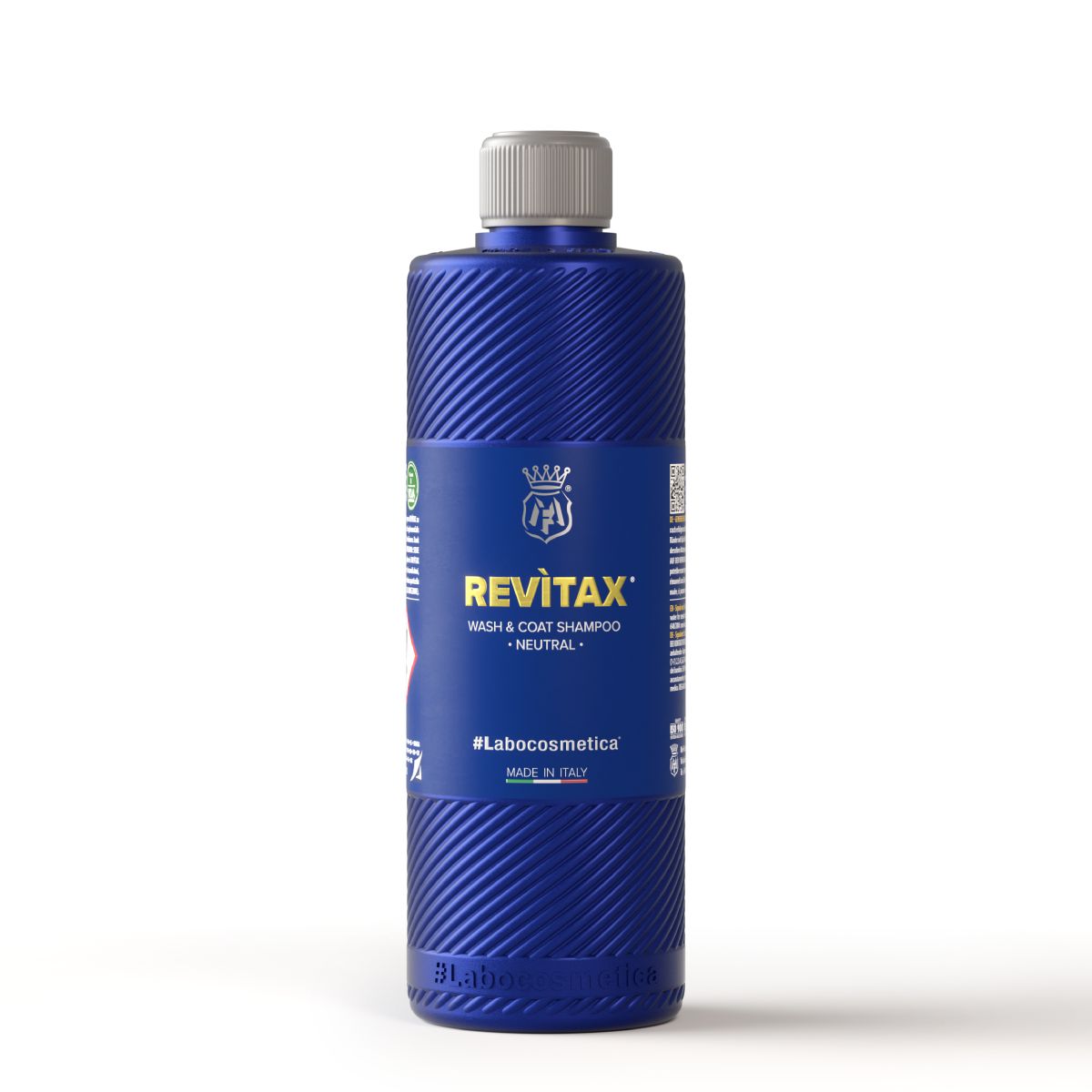 A blue bottle of Labocosmetica Revitax Wash & Coat Shampoo on a clean white background.