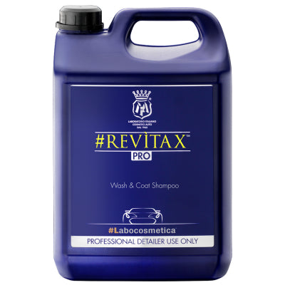 A 4.5L jerrycan of Labocosmetica #Revitax PRO Wash & Coat Shampoo, a professional detailer use only product, on a white background.